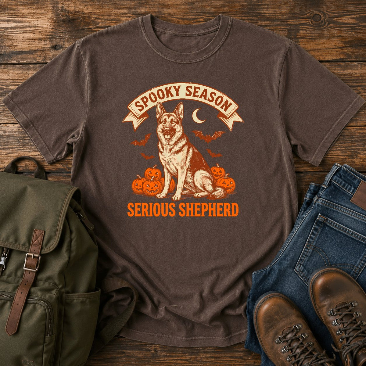 German Shepherd spooky season t-shirt design with pumpkins bats and moon