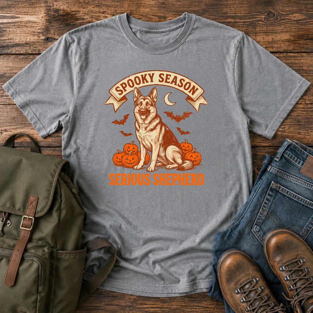 German Shepherd spooky season t-shirt design with pumpkins bats and moon