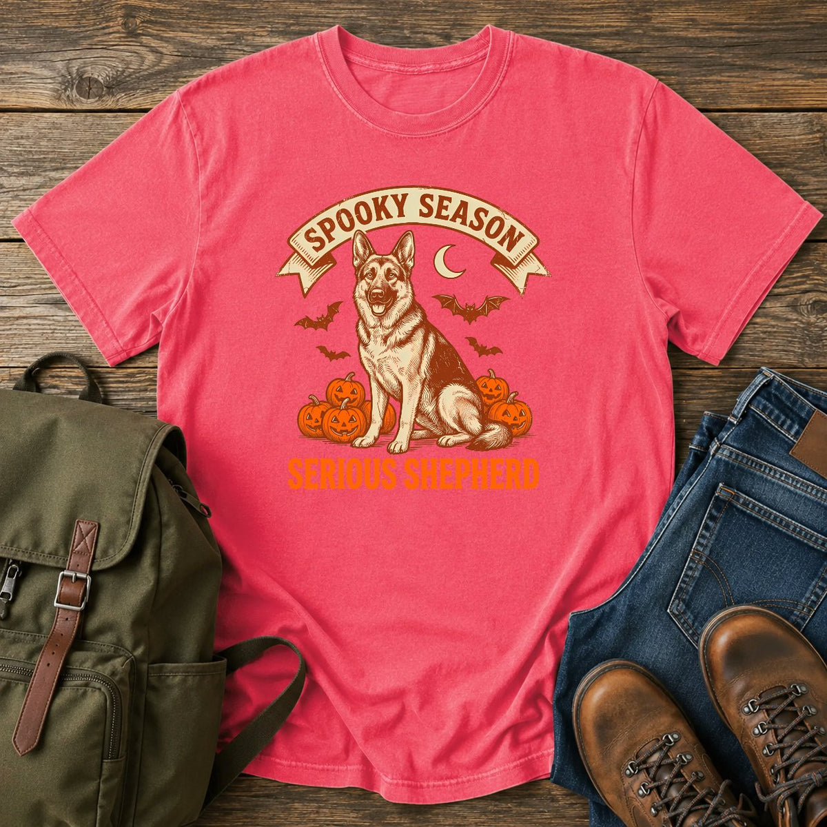 German Shepherd spooky season t-shirt design with pumpkins bats and moon