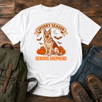 German Shepherd spooky season t-shirt design with pumpkins bats and moon