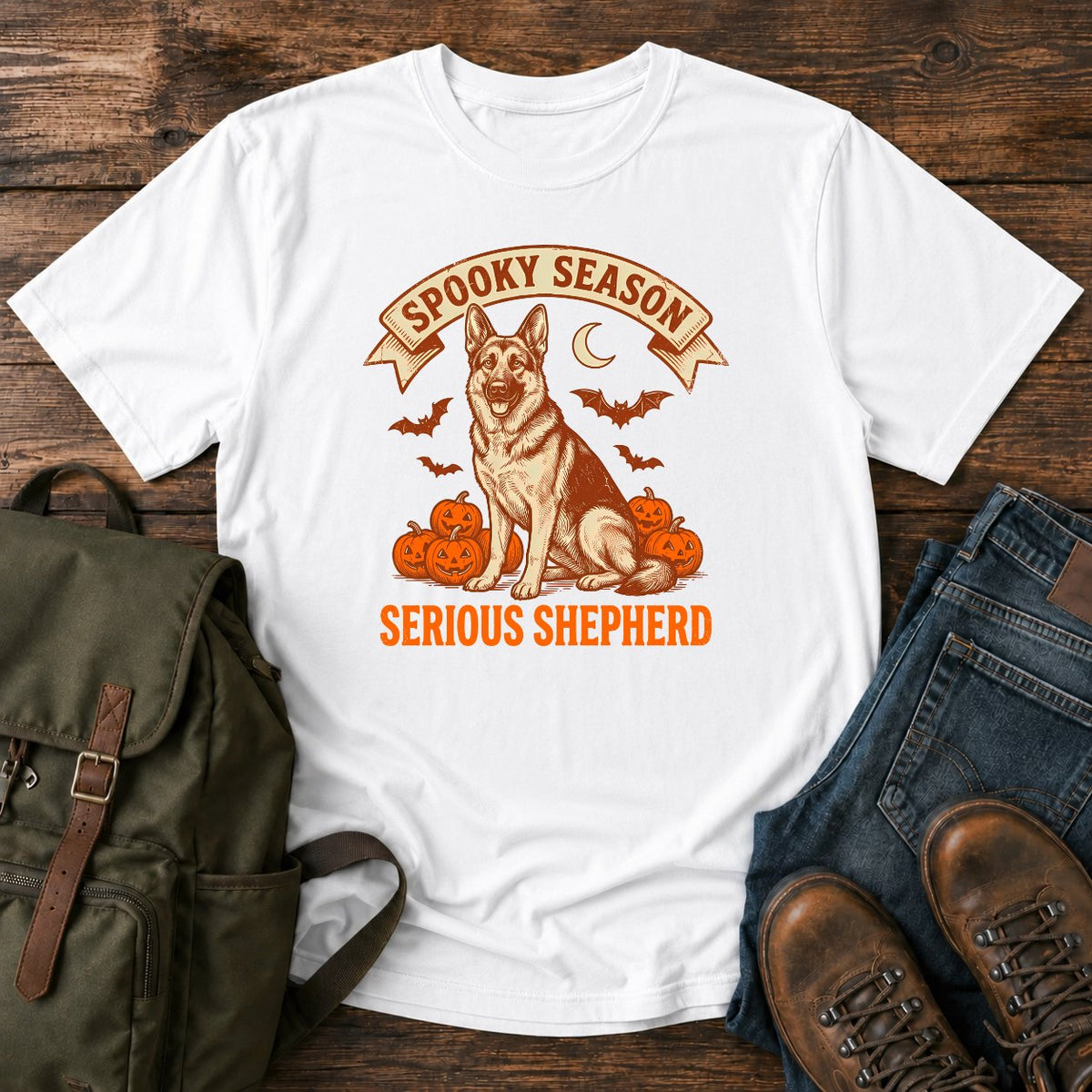 German Shepherd spooky season t-shirt design with pumpkins bats and moon