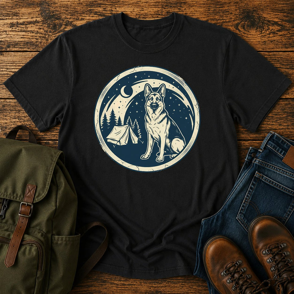 German Shepherd starry camping scene t-shirt design