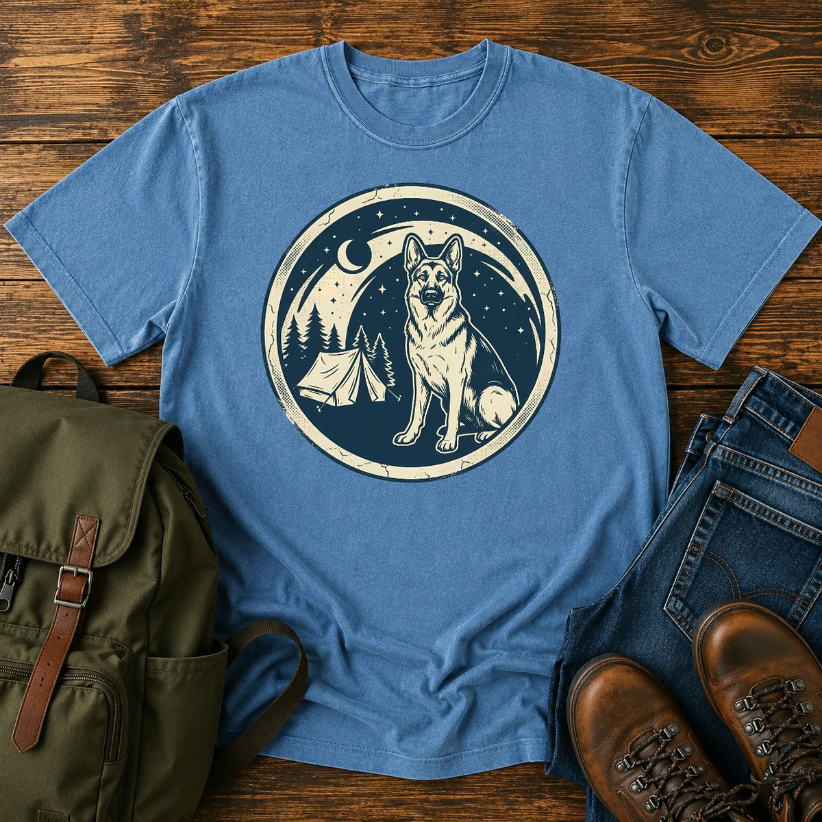 German Shepherd starry camping scene t-shirt design
