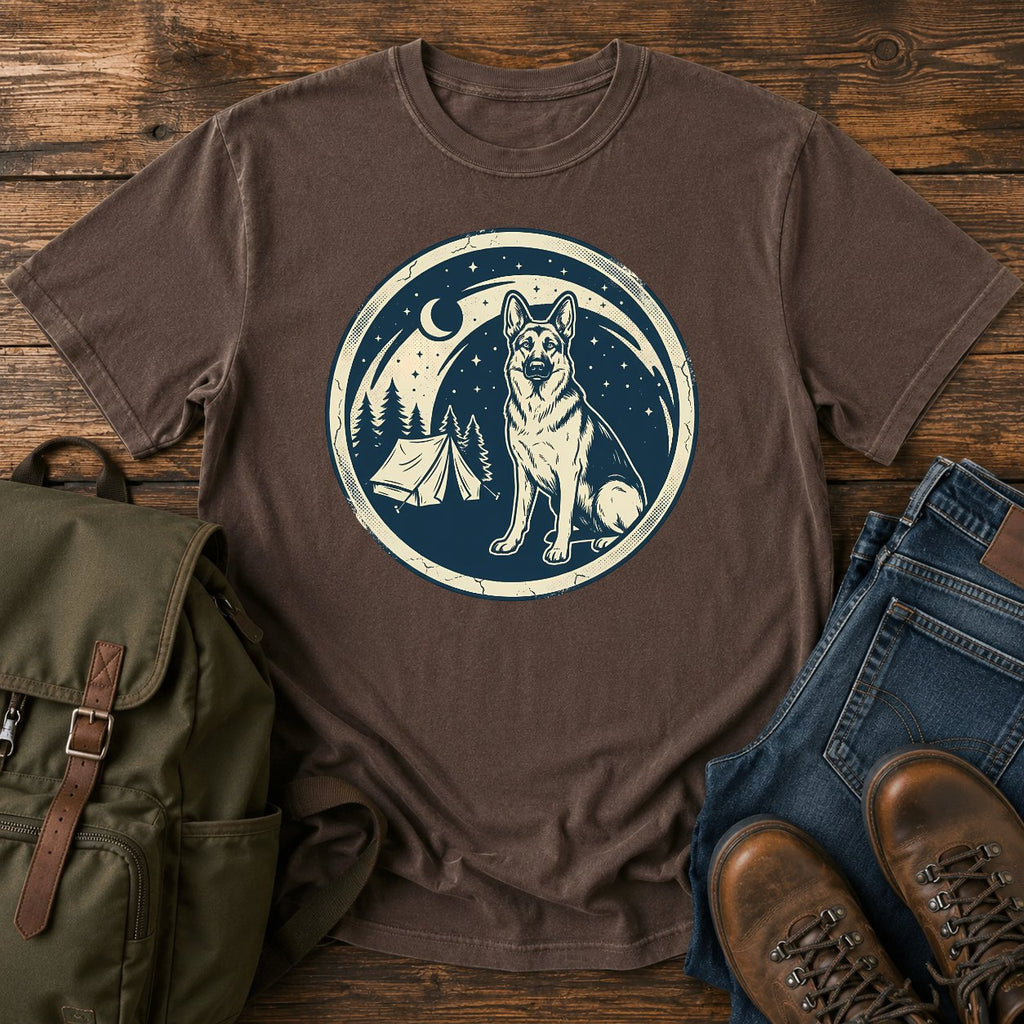German Shepherd starry camping scene t-shirt design