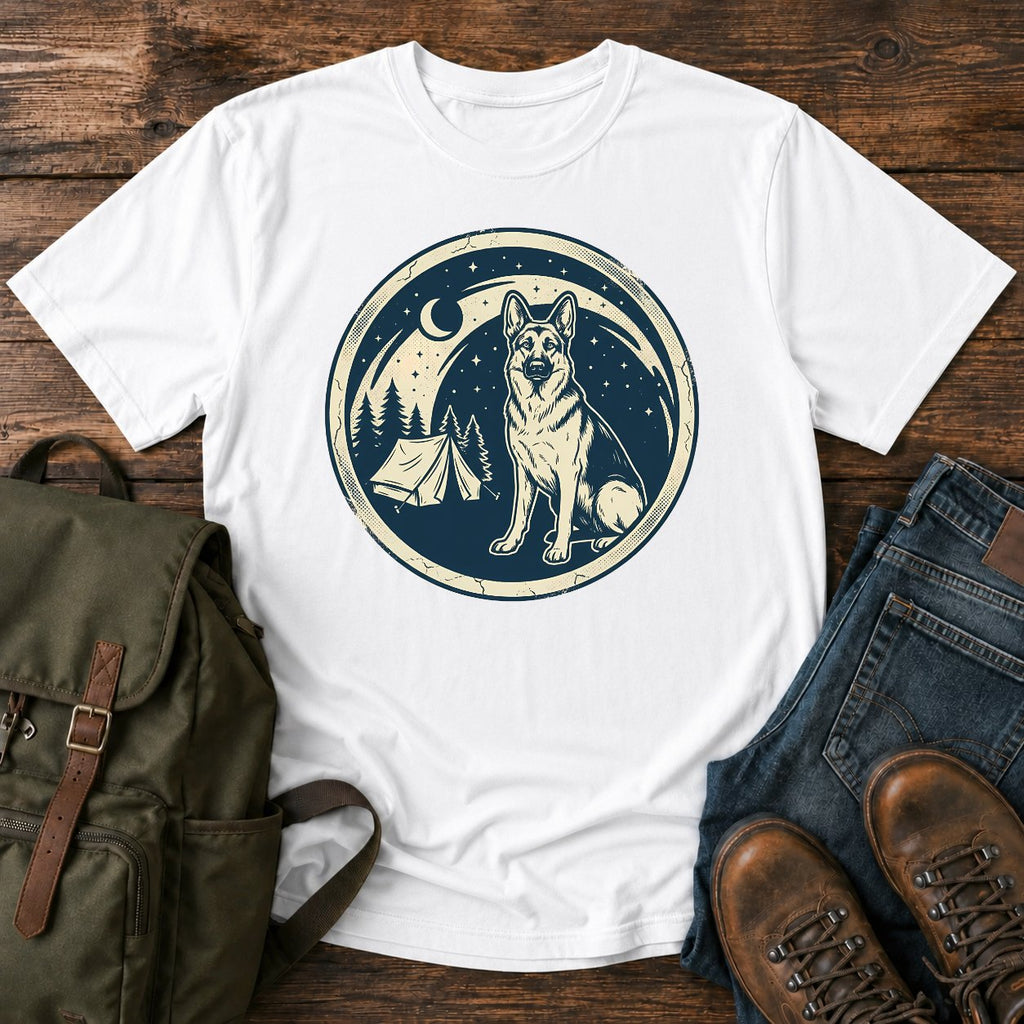 German Shepherd starry camping scene t-shirt design