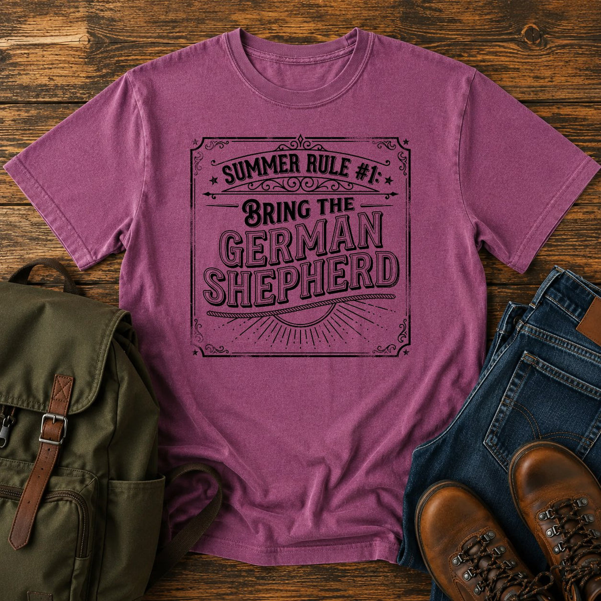 German Shepherd summer rule funny text t-shirt in vintage adventure lettering style