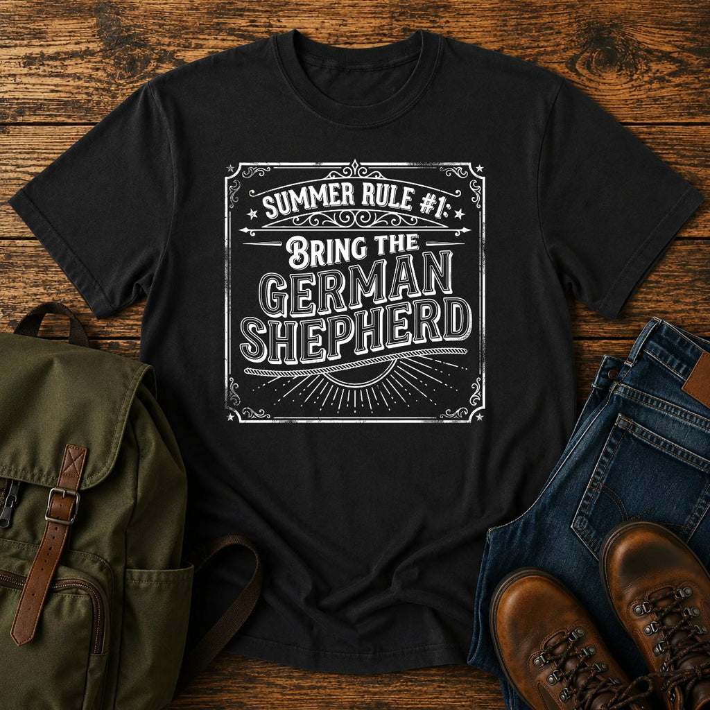 German Shepherd summer rule funny text t-shirt in vintage adventure lettering style