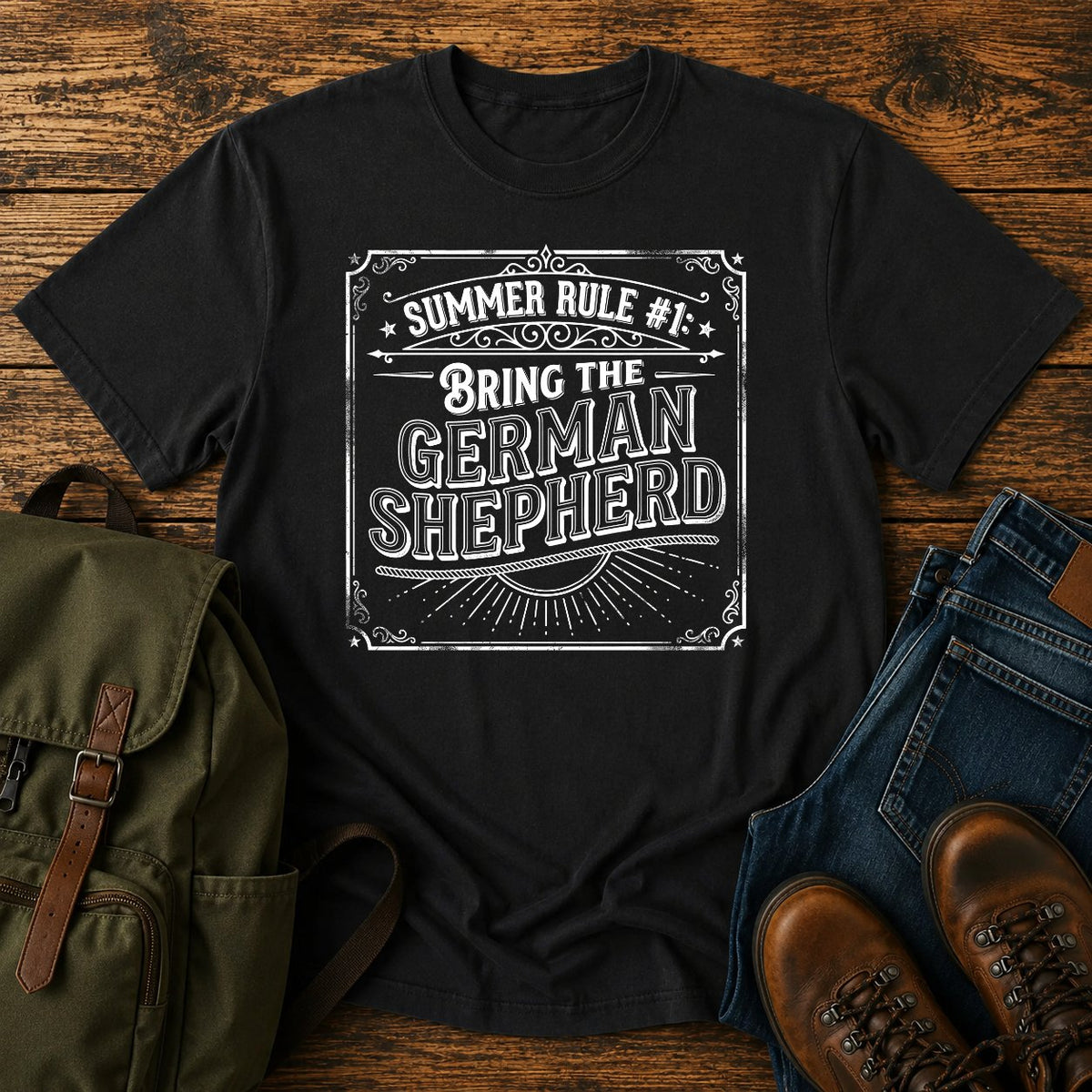 German Shepherd summer rule funny text t-shirt in vintage adventure lettering style