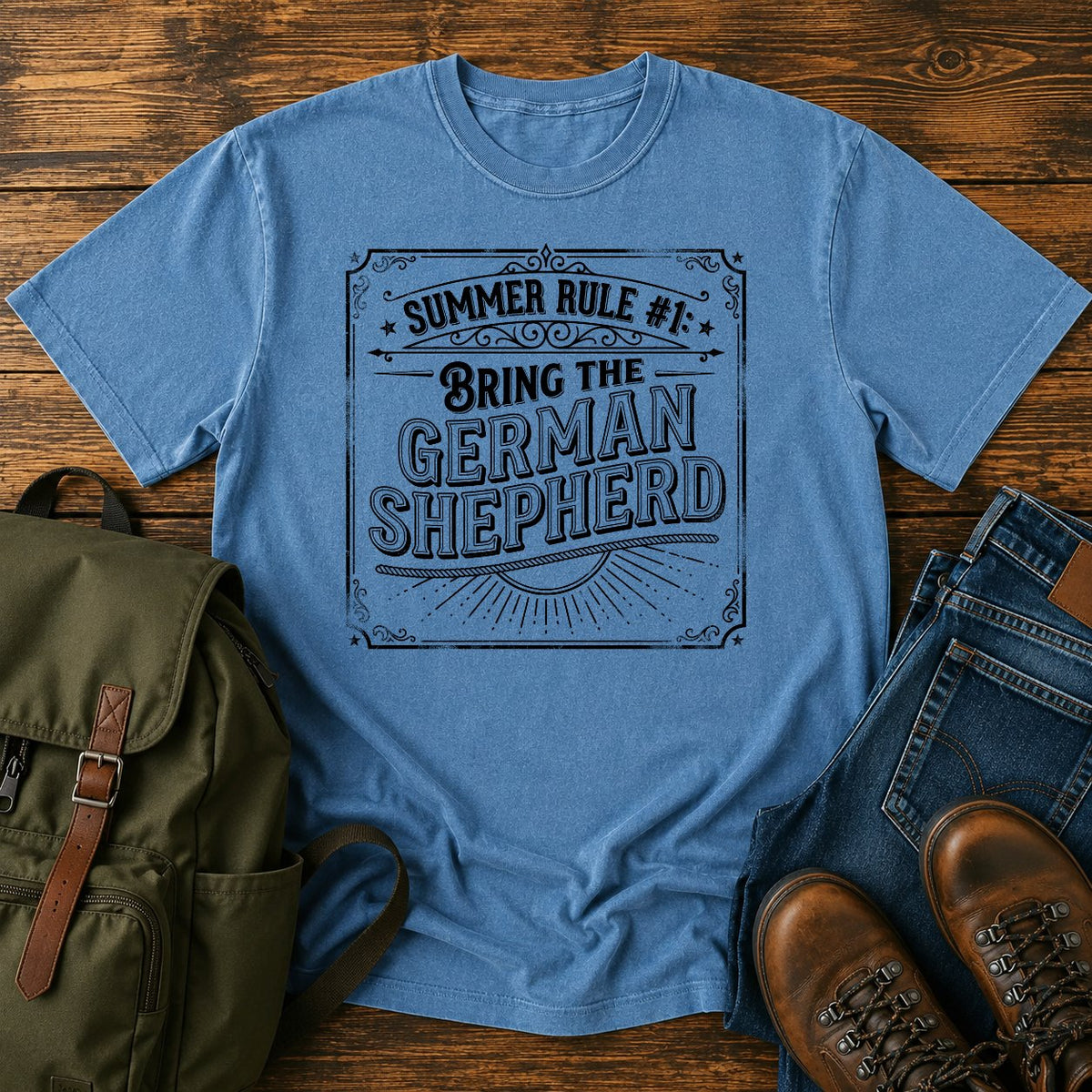 German Shepherd summer rule funny text t-shirt in vintage adventure lettering style