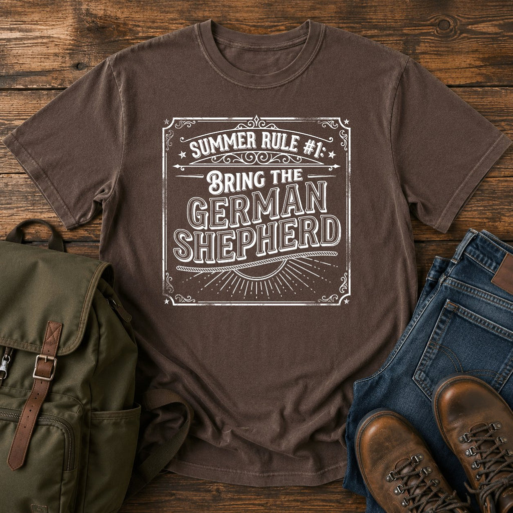 German Shepherd summer rule funny text t-shirt in vintage adventure lettering style