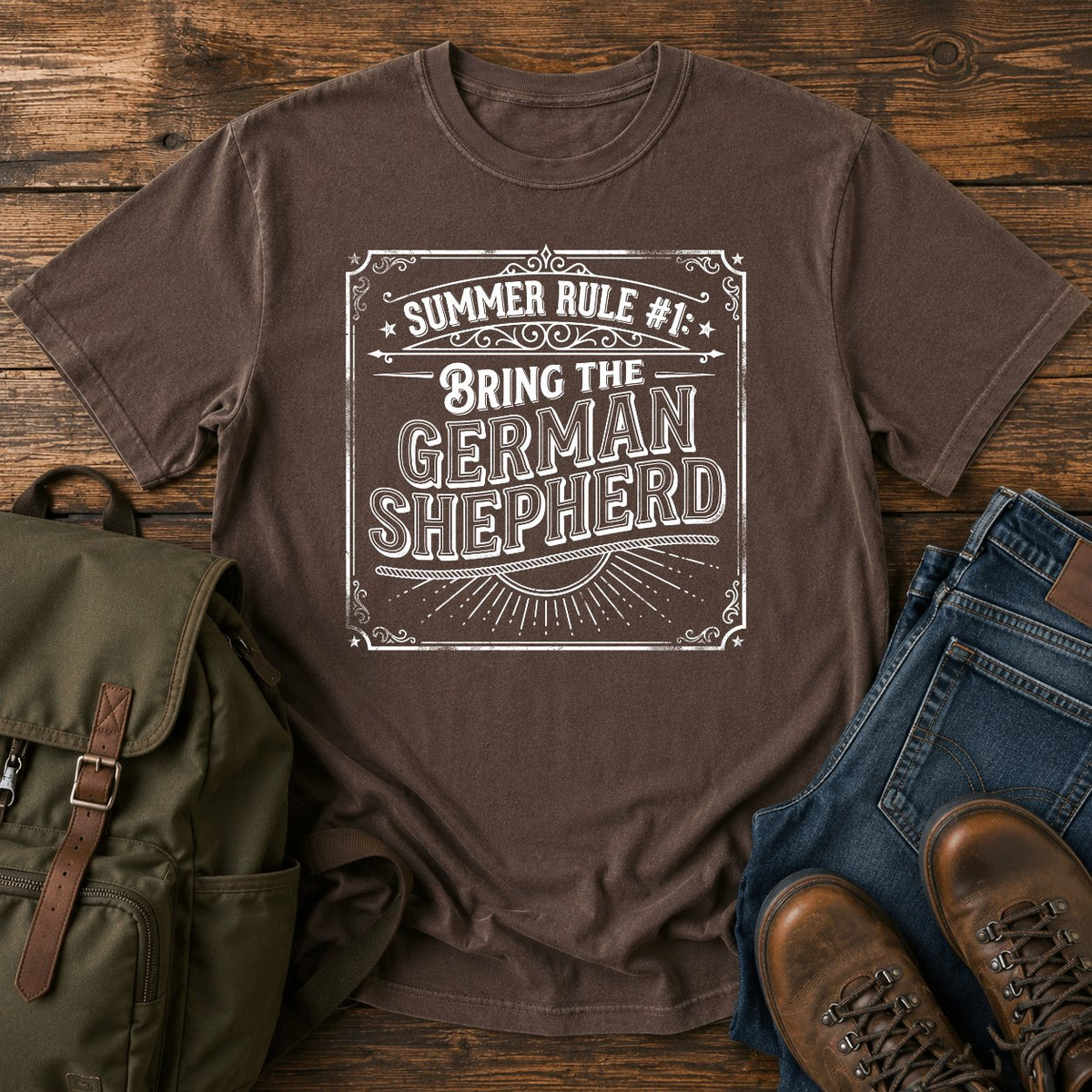 German Shepherd summer rule funny text t-shirt in vintage adventure lettering style