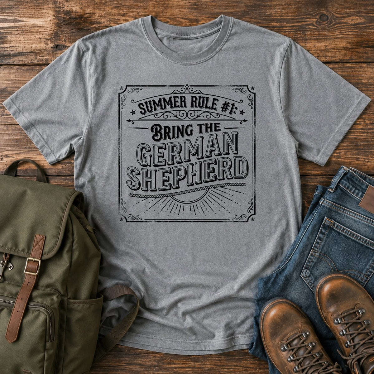 German Shepherd summer rule funny text t-shirt in vintage adventure lettering style