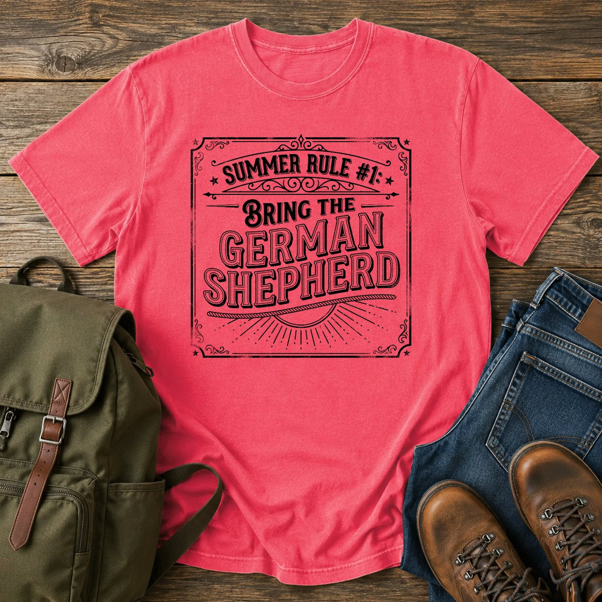German Shepherd summer rule funny text t-shirt in vintage adventure lettering style