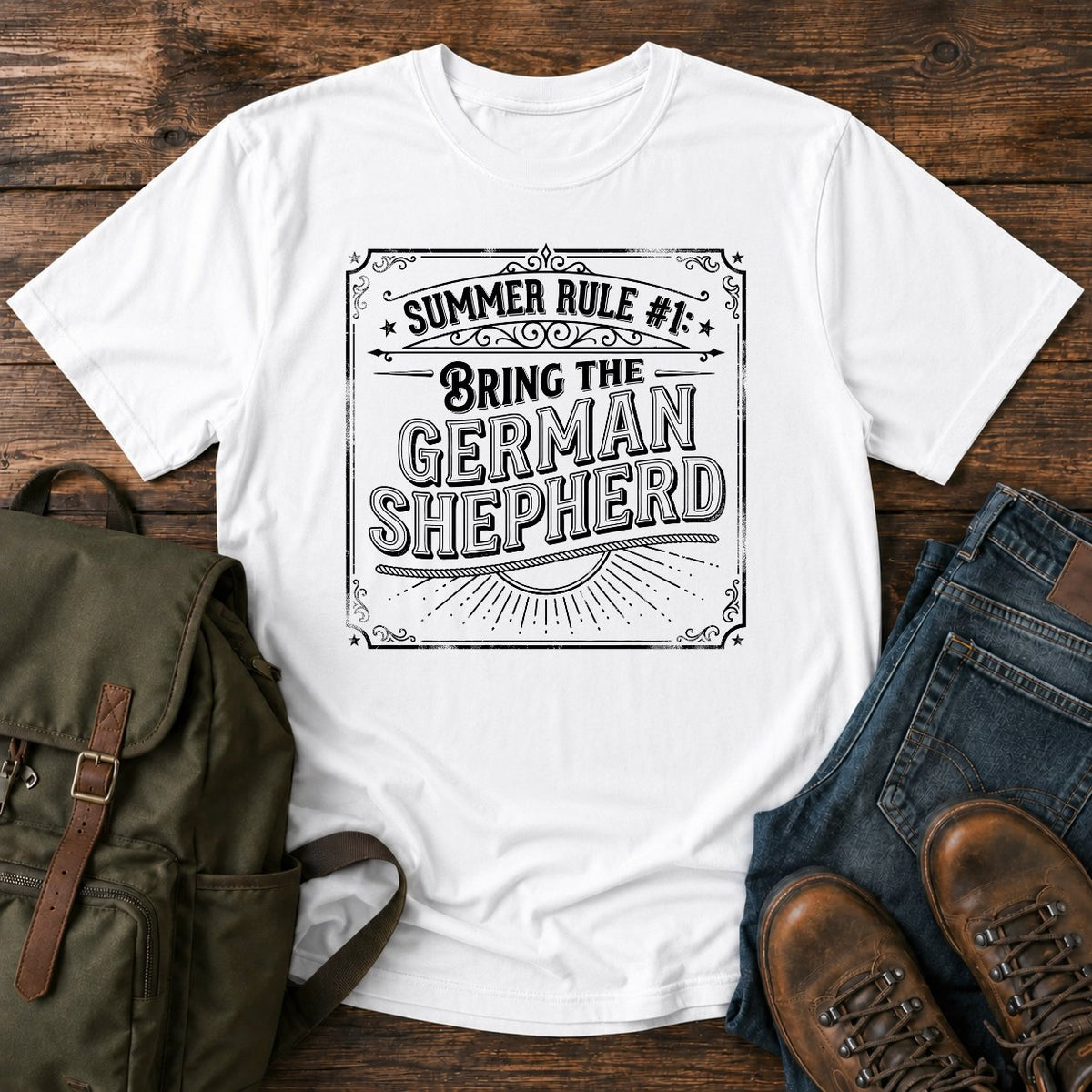 German Shepherd summer rule funny text t-shirt in vintage adventure lettering style