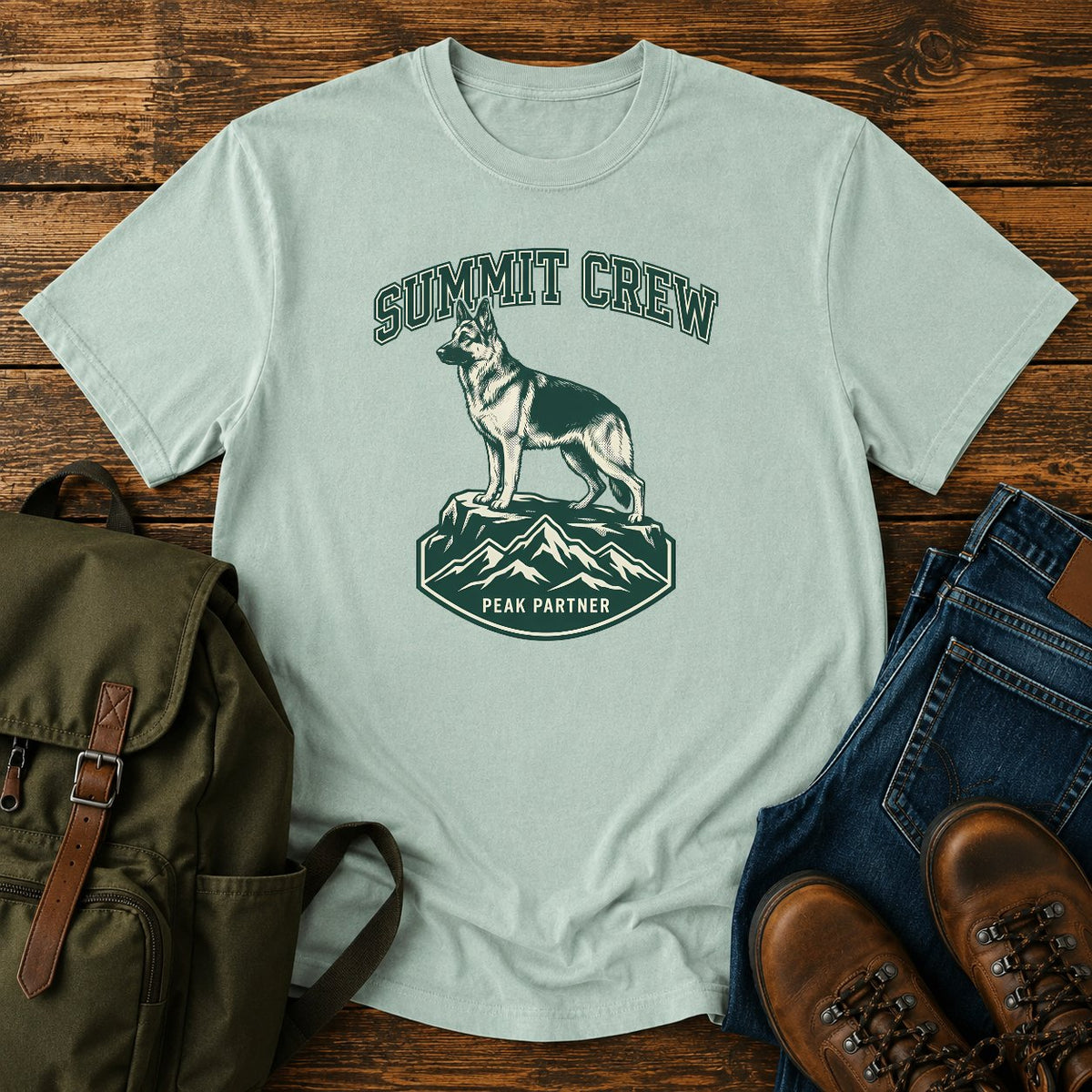 German Shepherd summit crew climbing dog on a t-shirt design