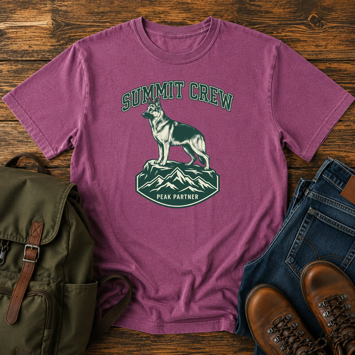 German Shepherd summit crew climbing dog on a t-shirt design