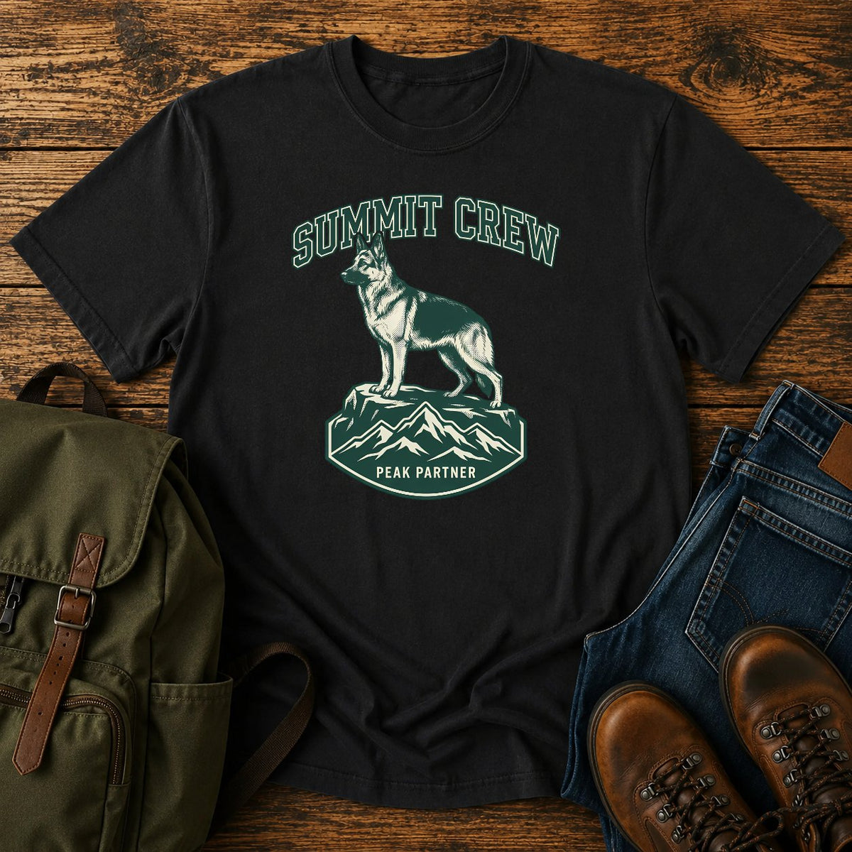 German Shepherd summit crew climbing dog on a t-shirt design