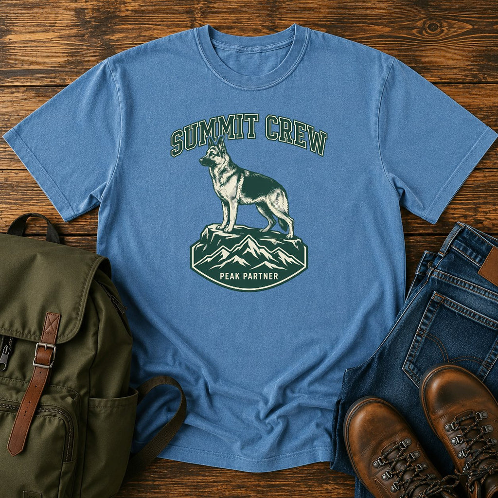 German Shepherd summit crew climbing dog on a t-shirt design