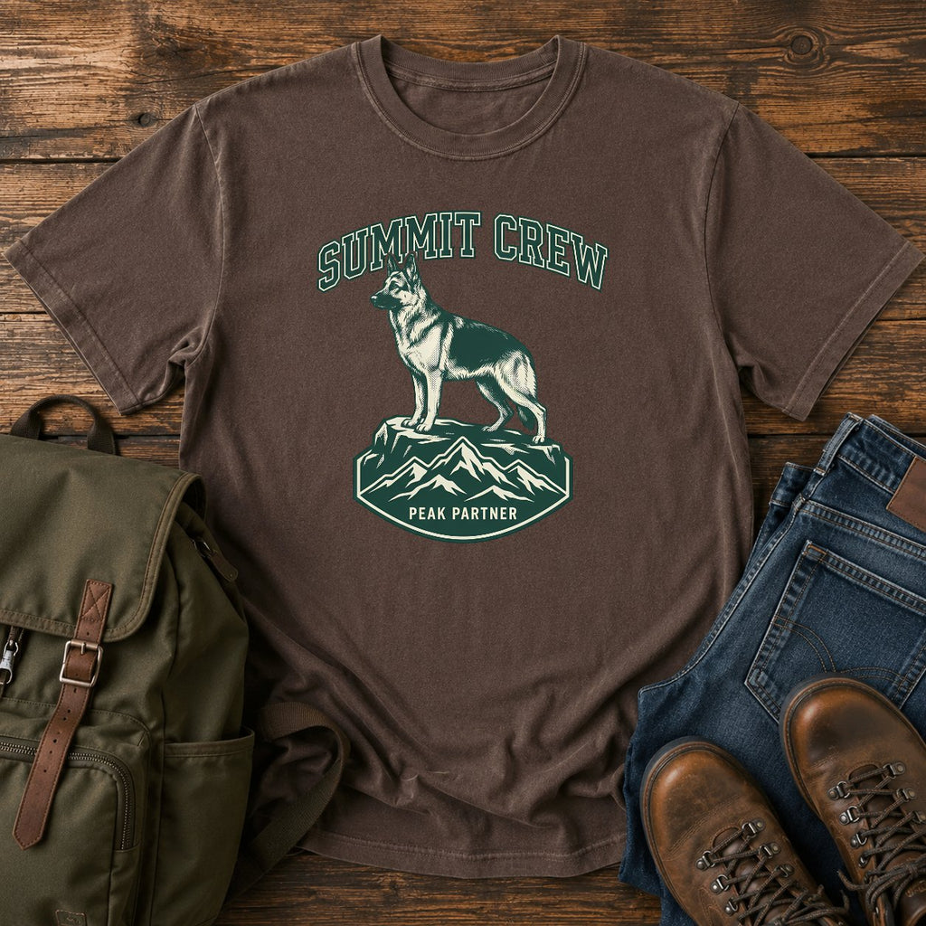 German Shepherd summit crew climbing dog on a t-shirt design