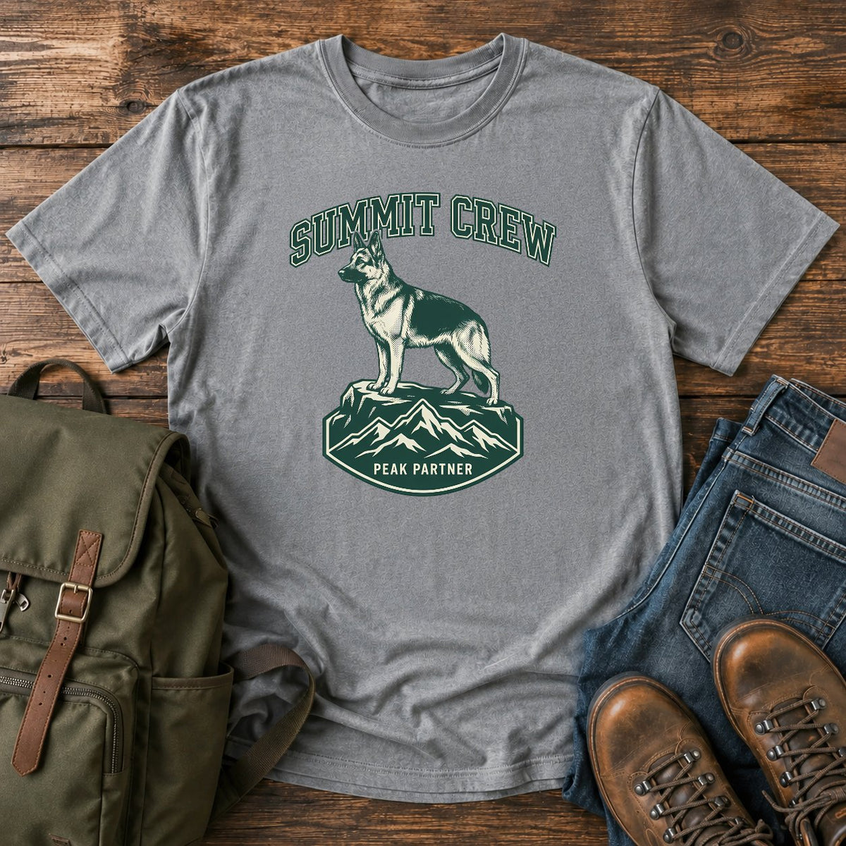 German Shepherd summit crew climbing dog on a t-shirt design