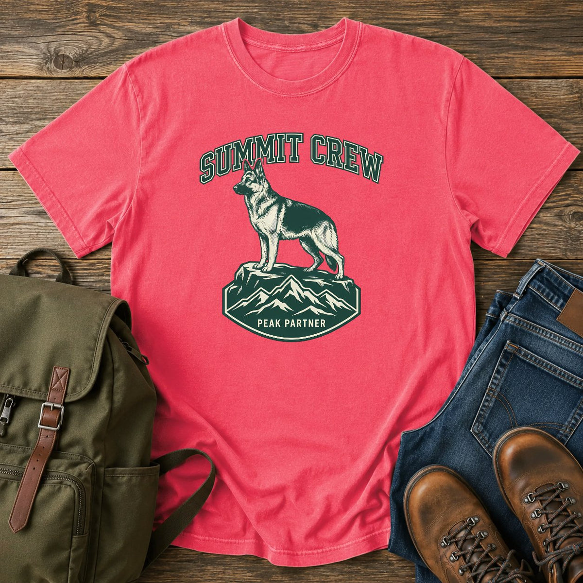 German Shepherd summit crew climbing dog on a t-shirt design