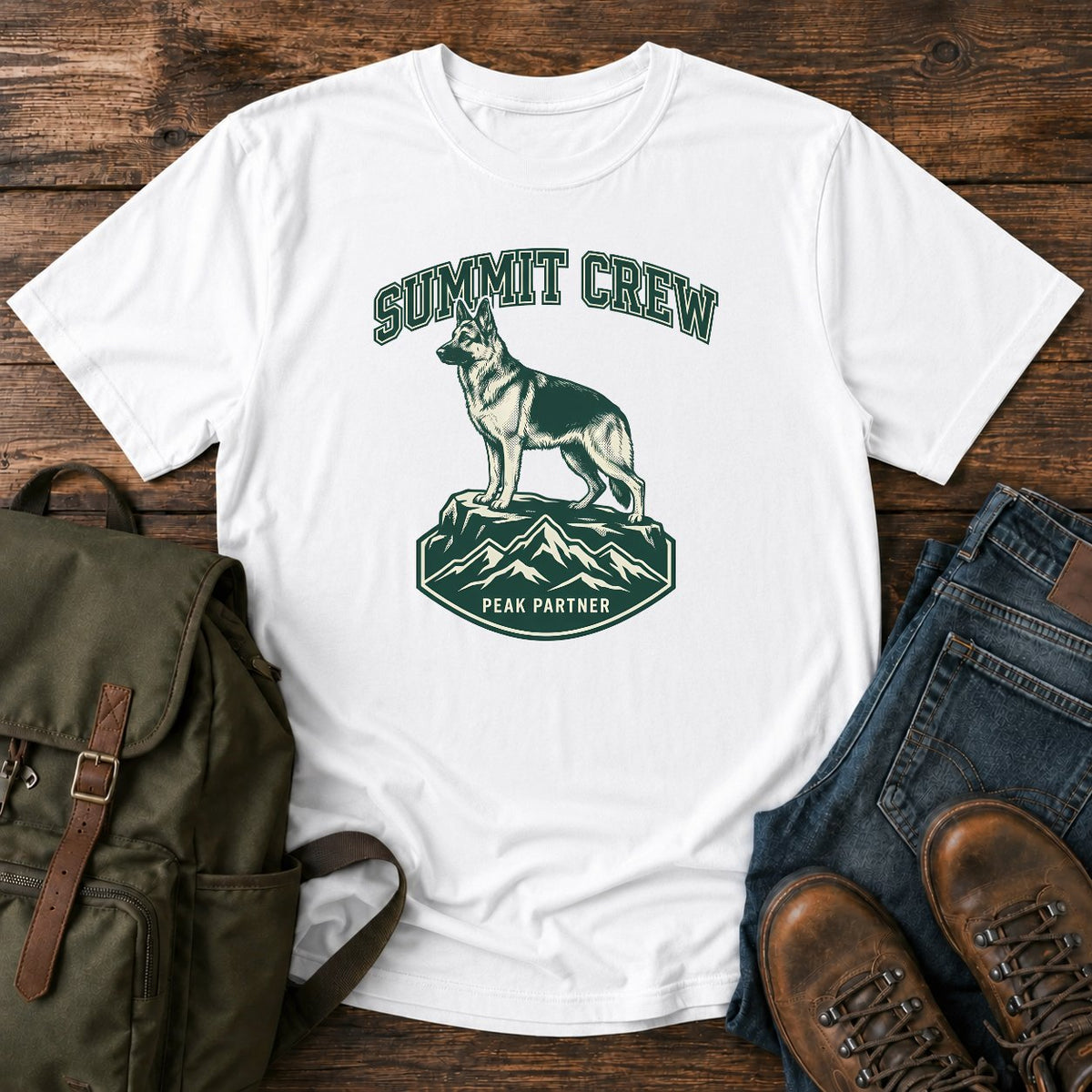 German Shepherd summit crew climbing dog on a t-shirt design