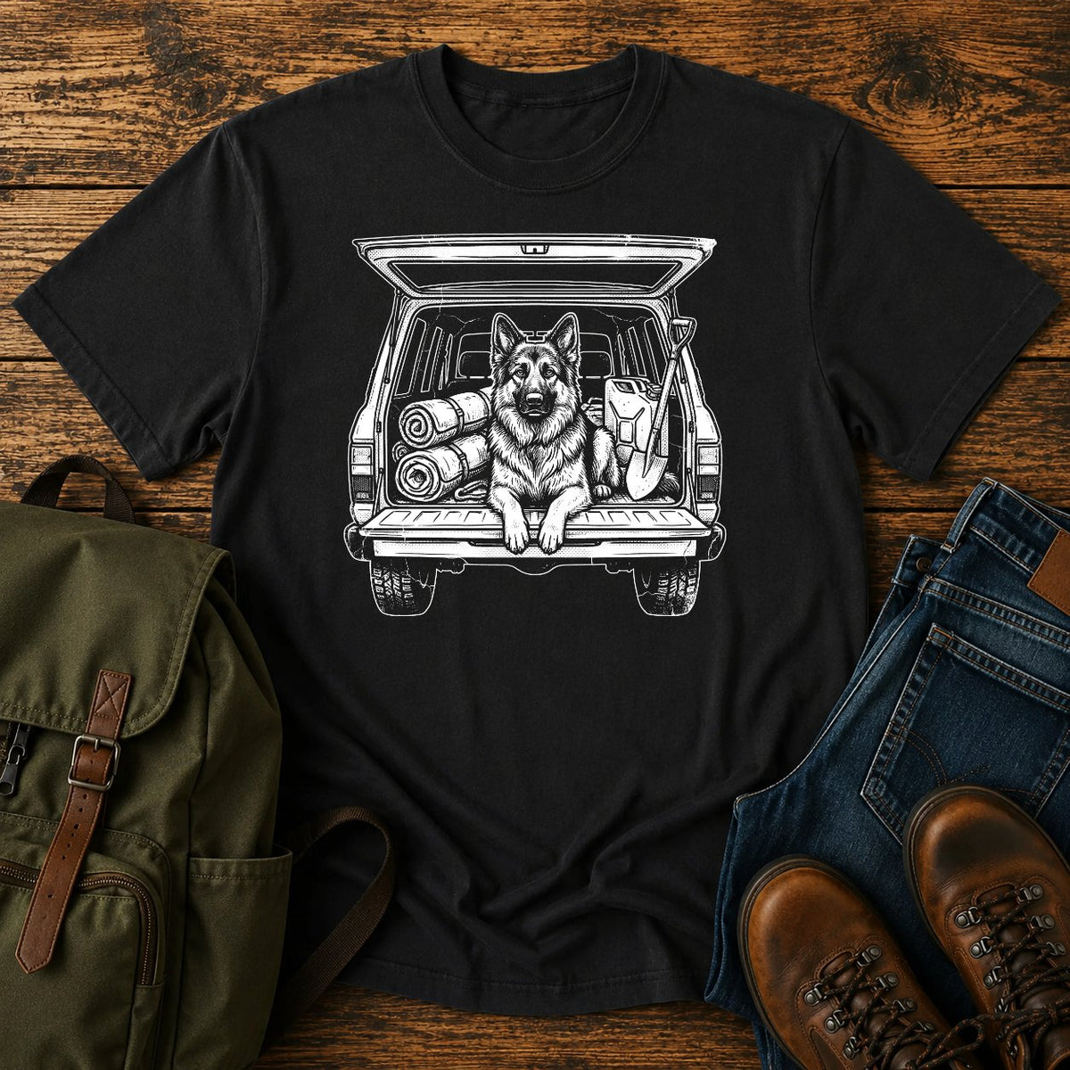 German Shepherd tailgate overlanding scene t-shirt design