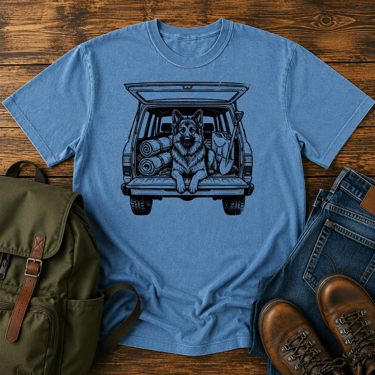 German Shepherd tailgate overlanding scene t-shirt design
