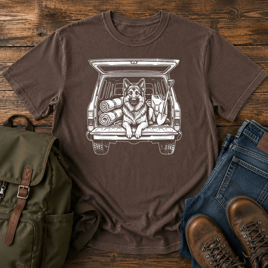 German Shepherd tailgate overlanding scene t-shirt design