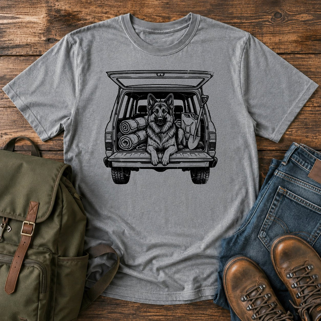 German Shepherd tailgate overlanding scene t-shirt design