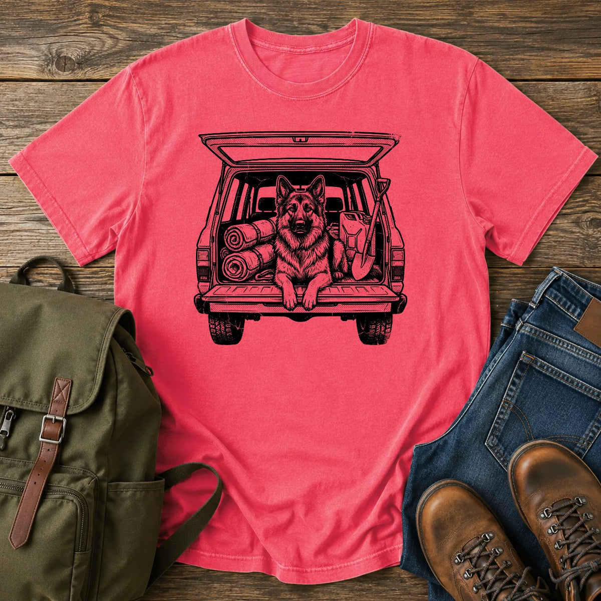 German Shepherd tailgate overlanding scene t-shirt design