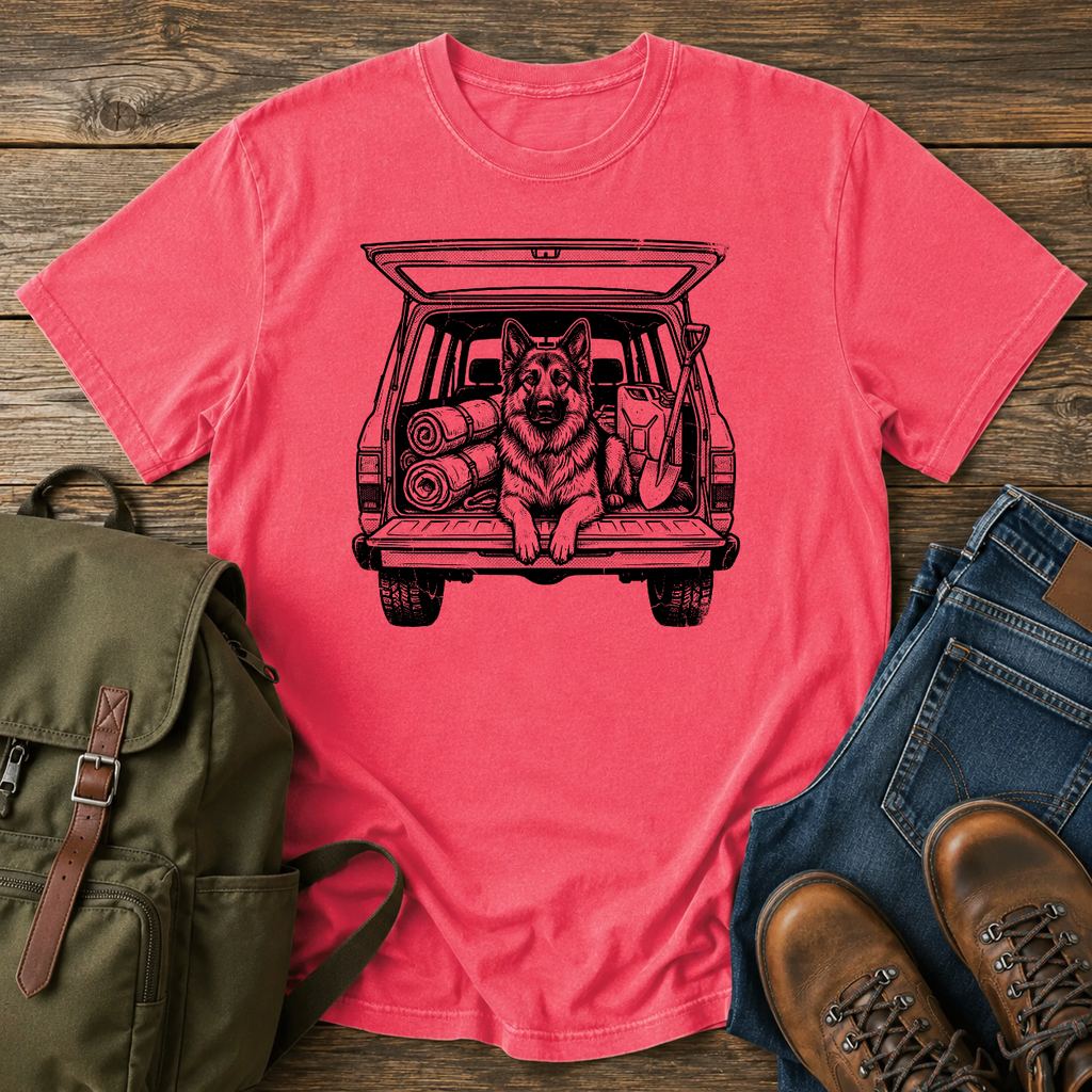 German Shepherd tailgate overlanding scene t-shirt design
