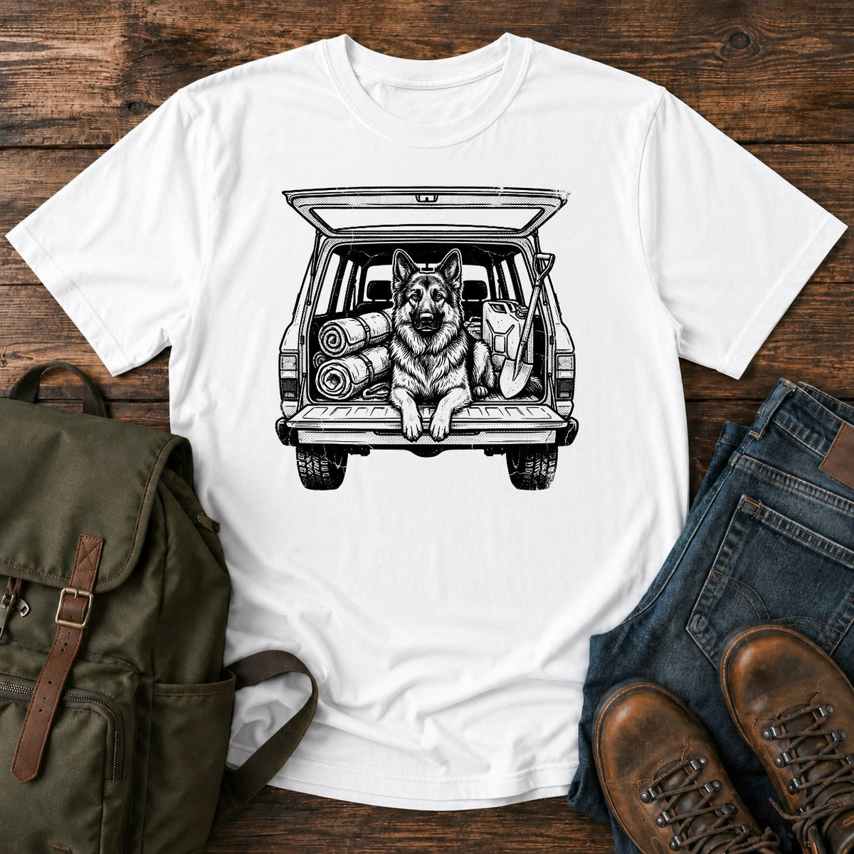 German Shepherd tailgate overlanding scene t-shirt design