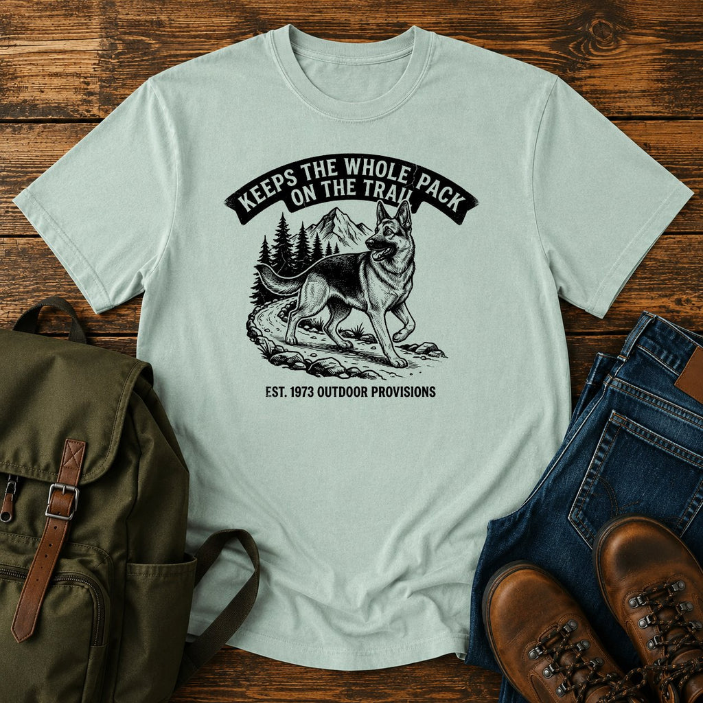 German Shepherd pack herder trail scene t-shirt design — "Keeps The Whole Pack On The Trail"