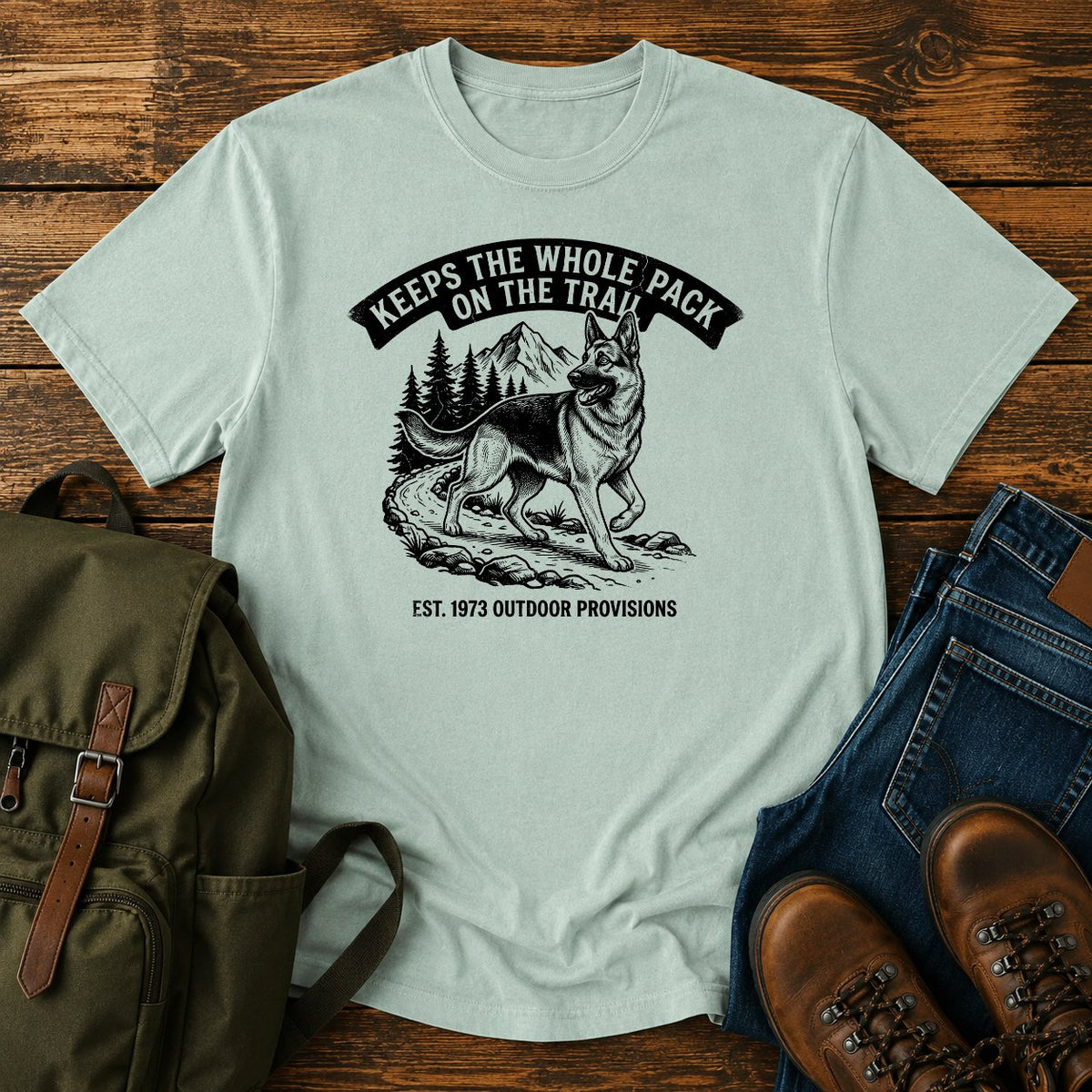German Shepherd pack herder trail scene t-shirt design — "Keeps The Whole Pack On The Trail"