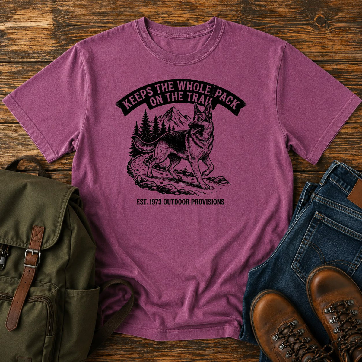 German Shepherd pack herder trail scene t-shirt design — "Keeps The Whole Pack On The Trail"