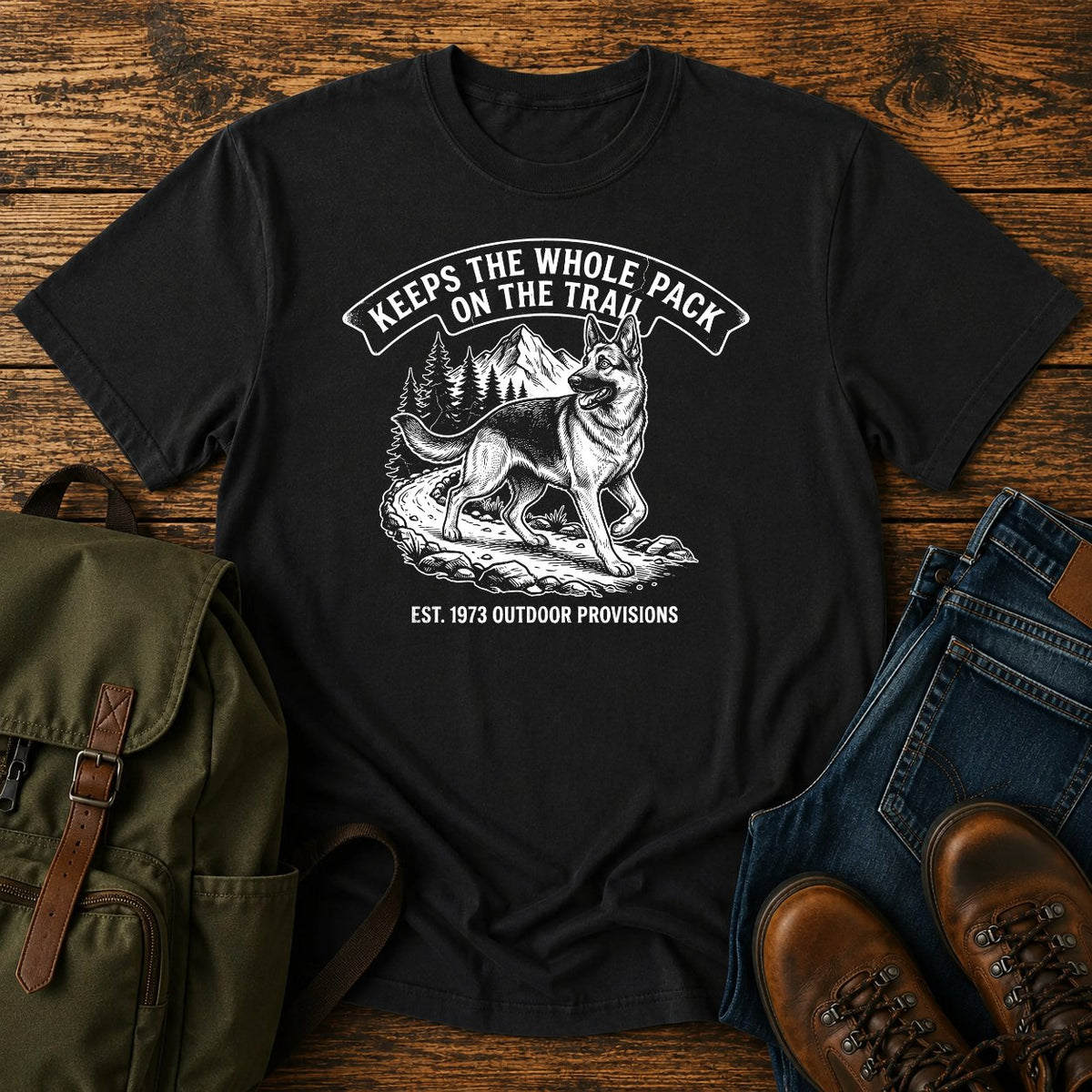 German Shepherd pack herder trail scene t-shirt design — "Keeps The Whole Pack On The Trail"
