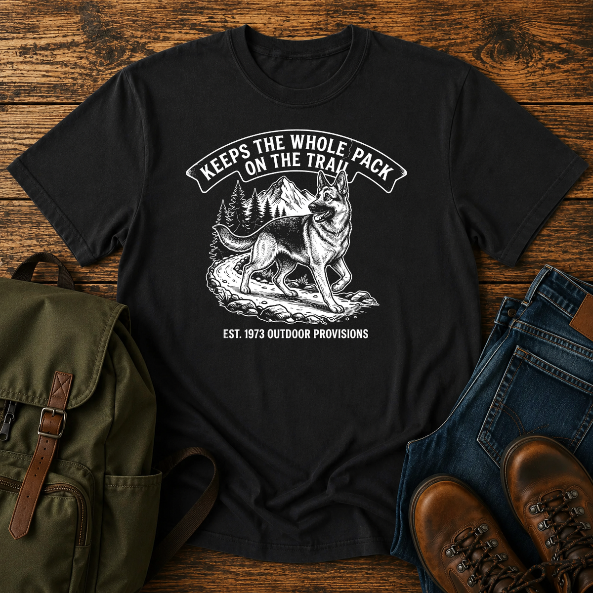German Shepherd pack herder trail scene t-shirt design — "Keeps The Whole Pack On The Trail"