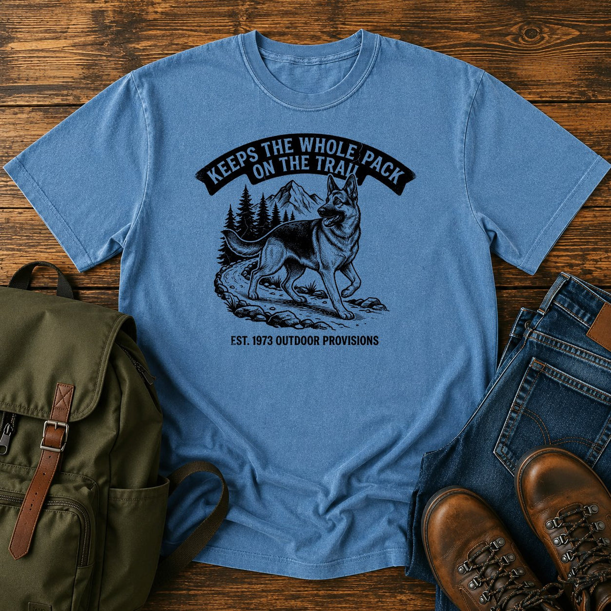 German Shepherd pack herder trail scene t-shirt design — "Keeps The Whole Pack On The Trail"
