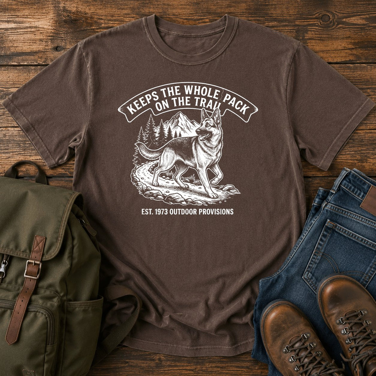 German Shepherd pack herder trail scene t-shirt design — "Keeps The Whole Pack On The Trail"