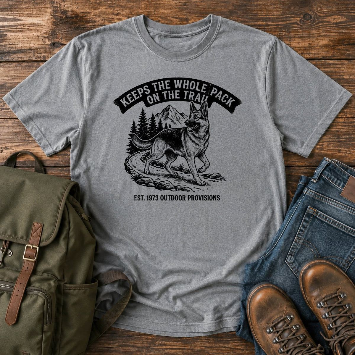 German Shepherd pack herder trail scene t-shirt design — "Keeps The Whole Pack On The Trail"