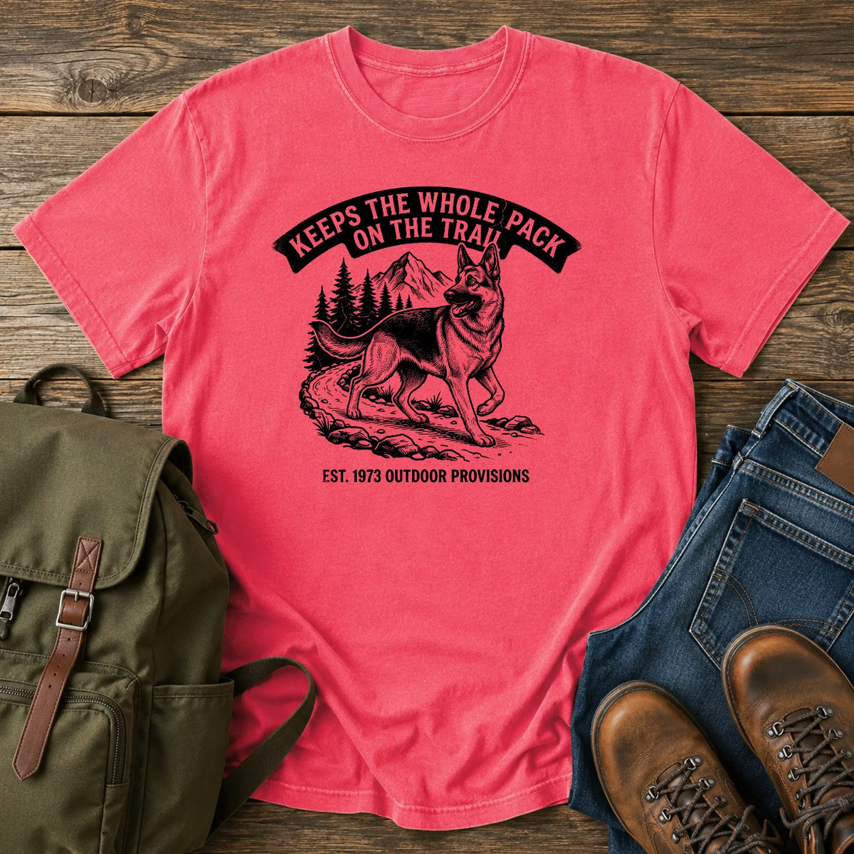 German Shepherd pack herder trail scene t-shirt design — "Keeps The Whole Pack On The Trail"