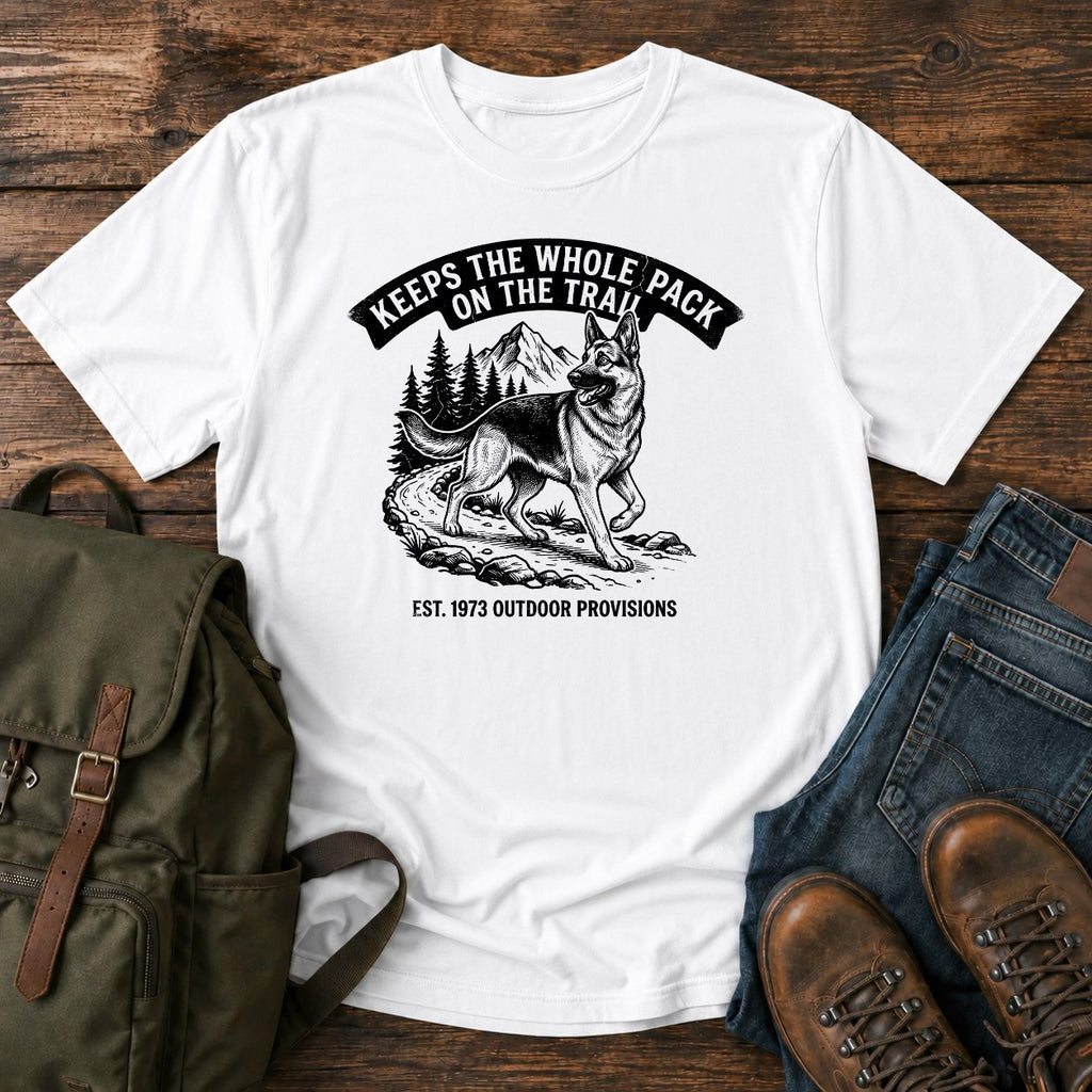 German Shepherd pack herder trail scene t-shirt design — "Keeps The Whole Pack On The Trail"