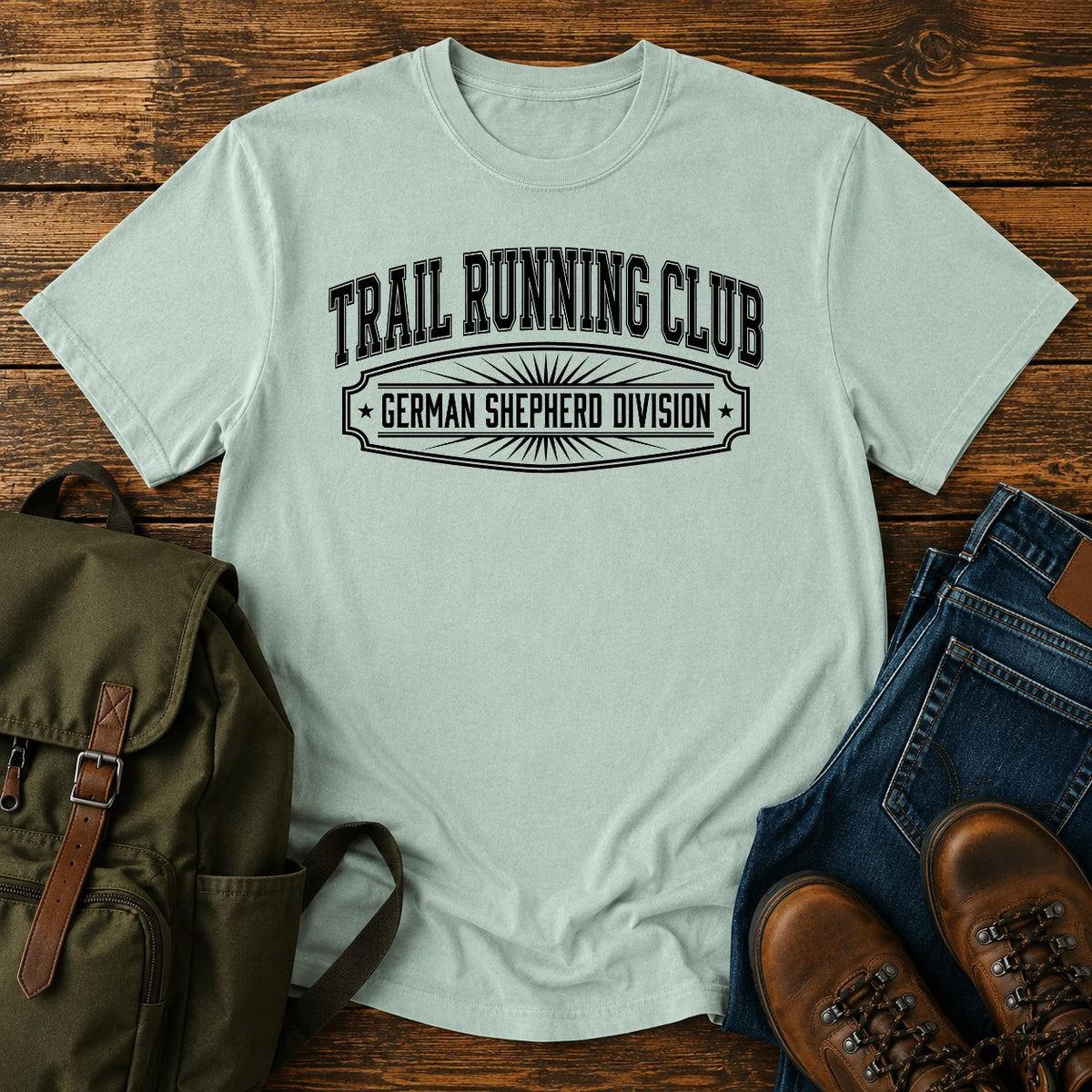 German Shepherd trail running club t-shirt design with varsity division lettering