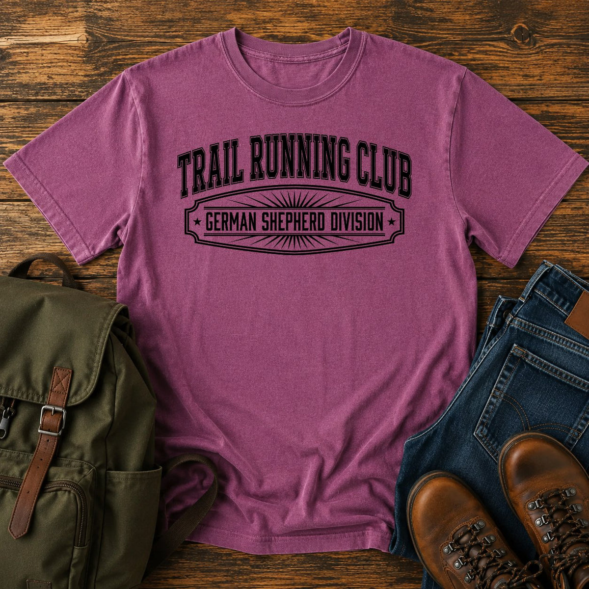 German Shepherd trail running club t-shirt design with varsity division lettering