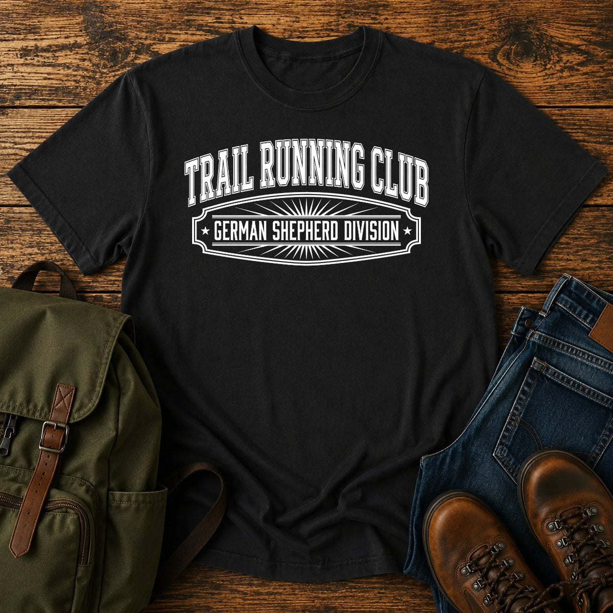 German Shepherd trail running club t-shirt design with varsity division lettering