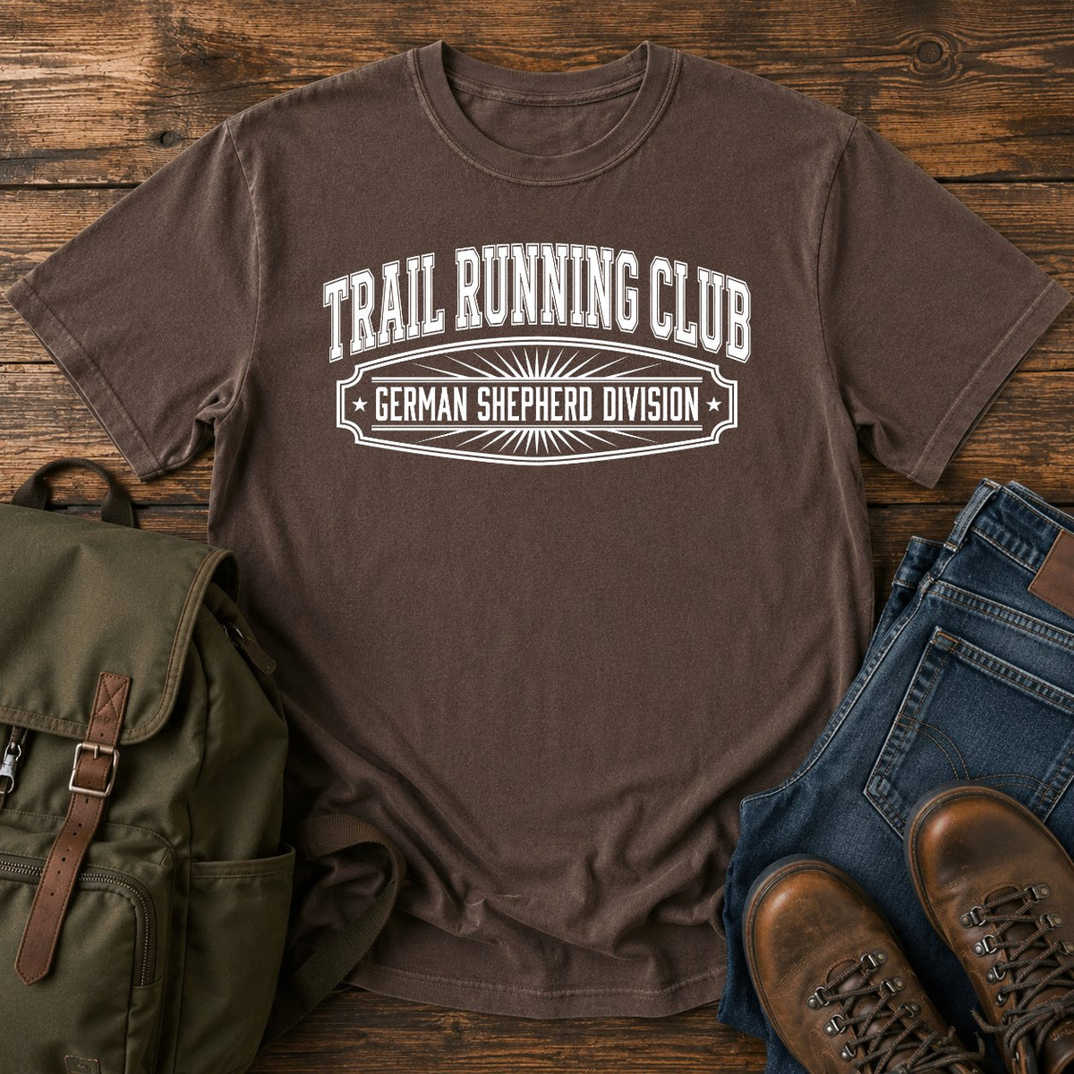 German Shepherd trail running club t-shirt design with varsity division lettering