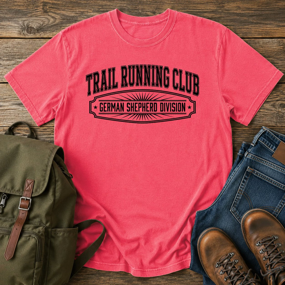 German Shepherd trail running club t-shirt design with varsity division lettering