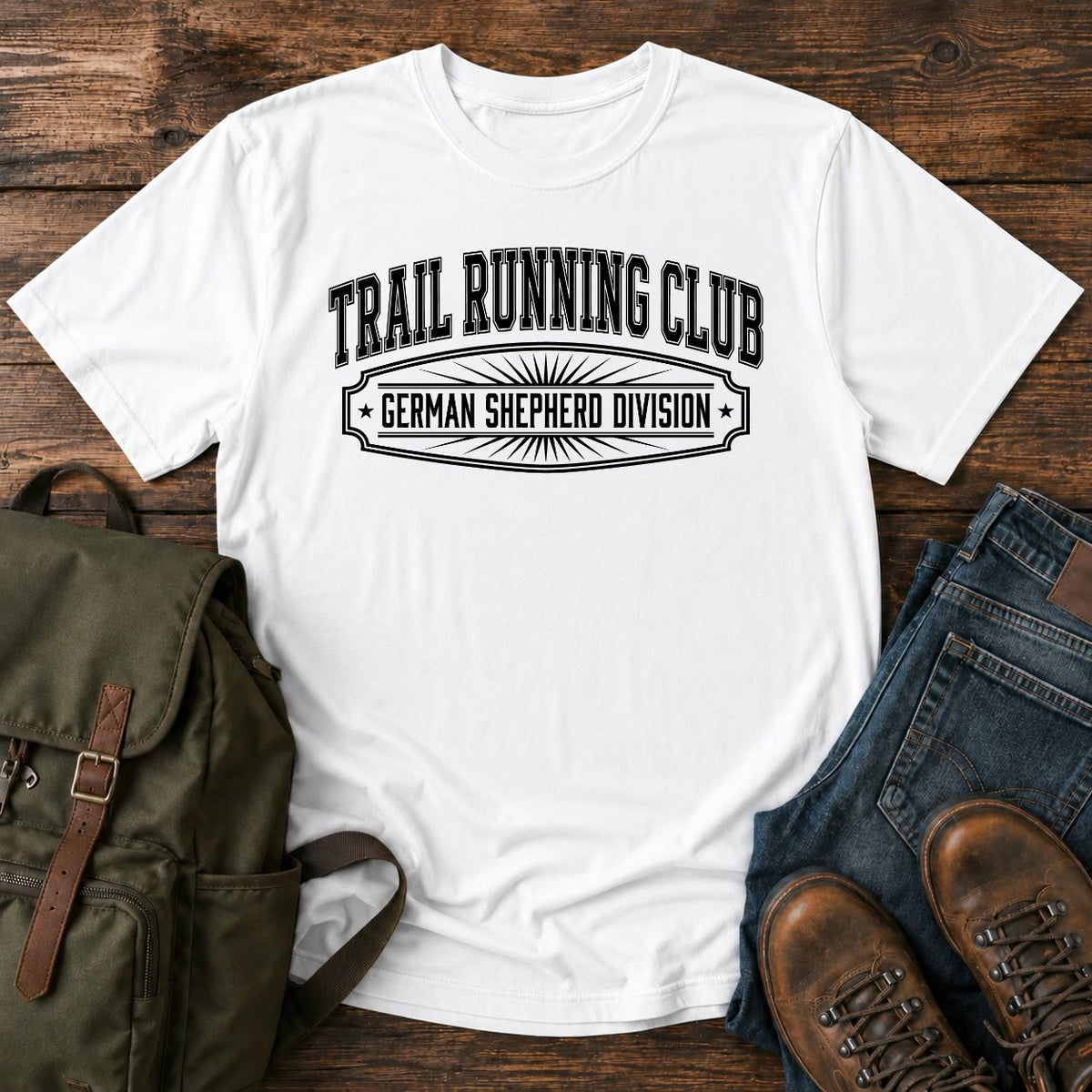German Shepherd trail running club t-shirt design with varsity division lettering