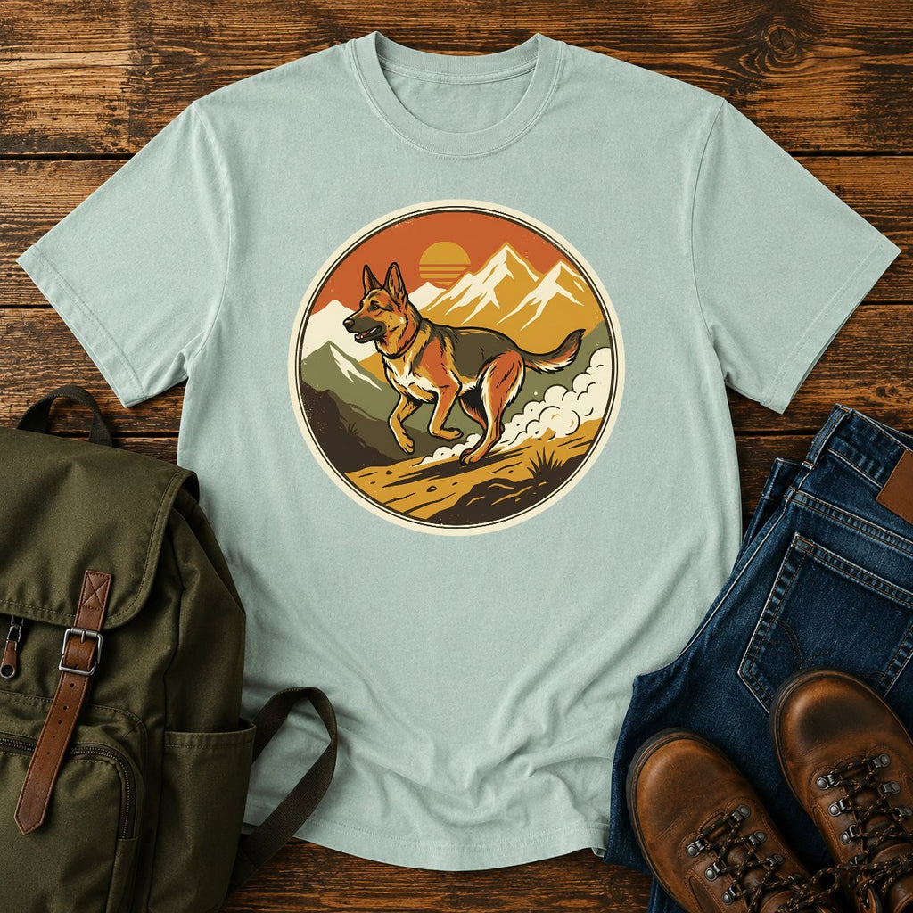German Shepherd trail running t-shirt design with dog sprinting through mountains